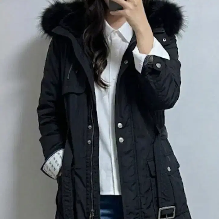 톰보이 여성 라쿤퍼 후드 야상 벭티드 벨트 패딩 90 블랙 55 66