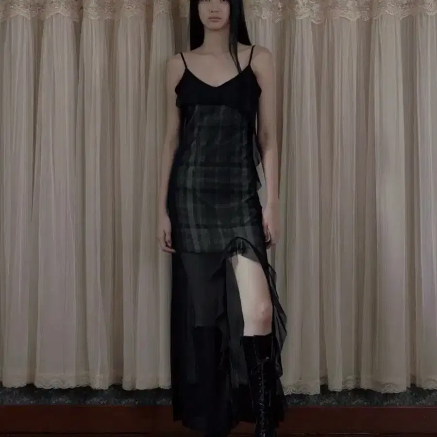 보헤미안서울 원피스 SEE-THROUGH CHECK RUFFLE MAXI DRESS