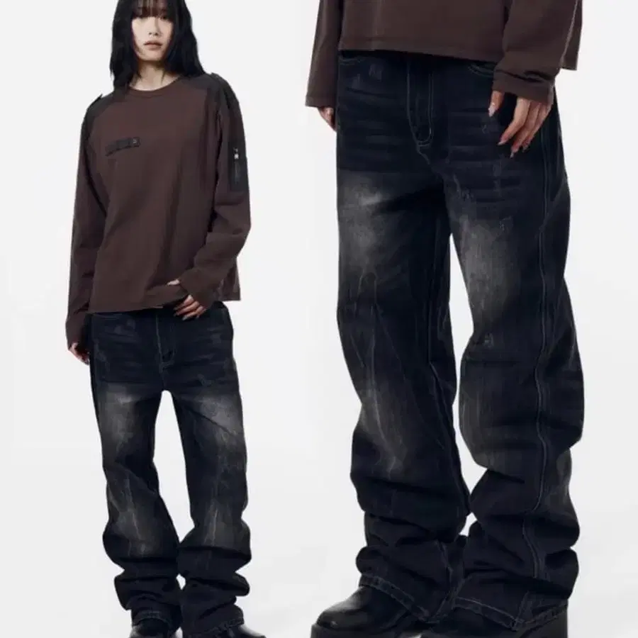 아캄 데님팬츠 Destroyed Streak Flare Denim Pants (Black)