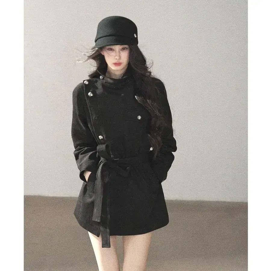 SHAOYEYAN 샤오예얀 투웨이 브리티시 러플 하이넥 벨트 숏코트