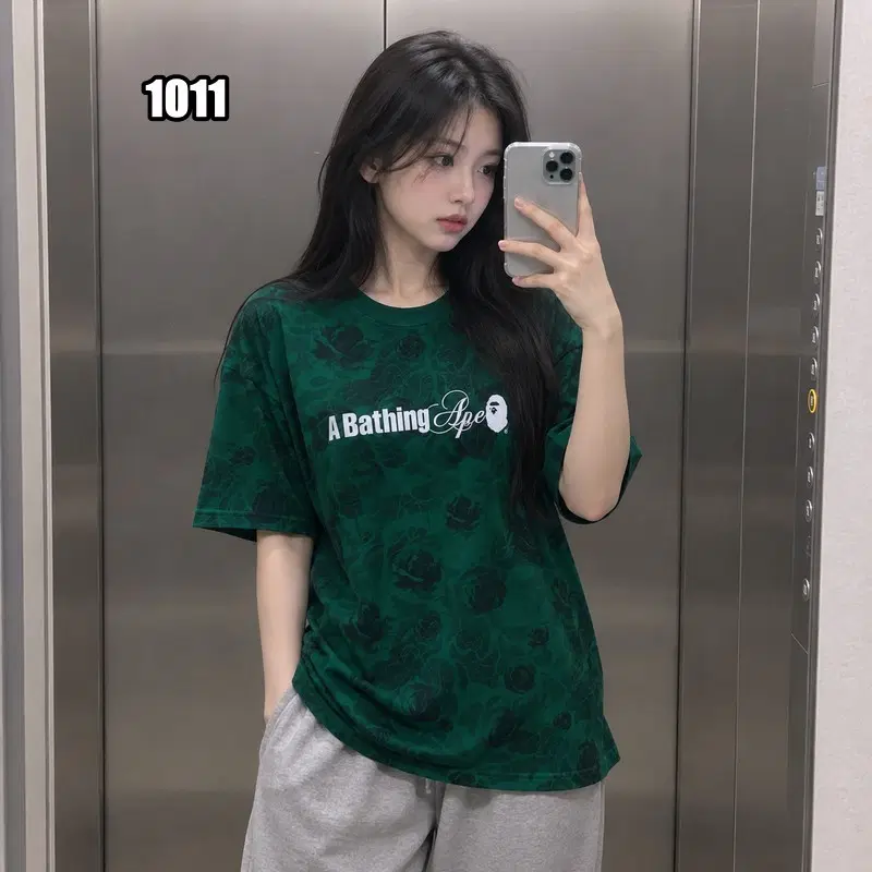 2XL 베이프 플로럴 패턴 그린 반팔 티셔츠