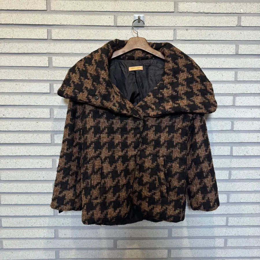 VINTAGE 하운드투스 빅카라 하이넥 하프 코트 브라운 블랙