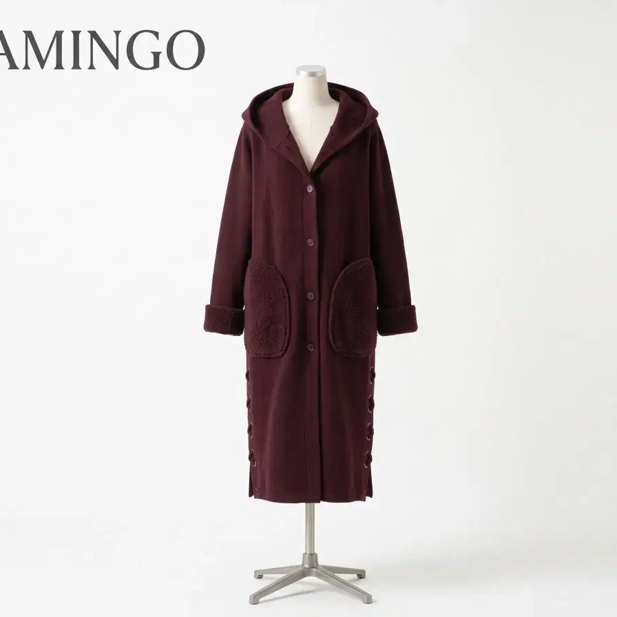 FLAMINGO 앙고라 레이스업 롱 후드 코트 (S) 버건디