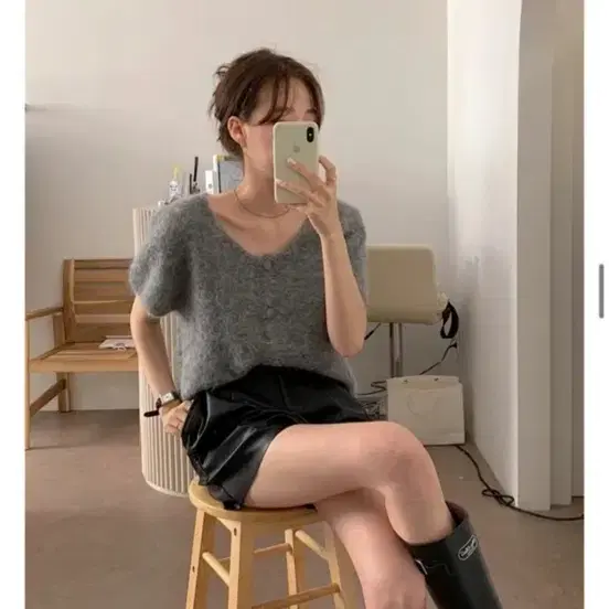 모아니 그레이 모헤어 반팔 가디건