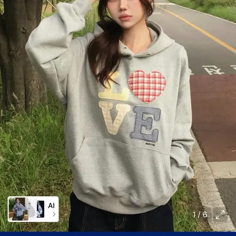 밈더워드로브 헬로 월드 패치워크 LOVE 후드티 그레이 L