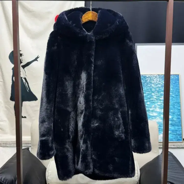 여성 산드로 퍼 아우터 네이비블루