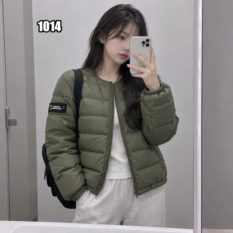 XL 내셔널지오그래픽 카키 라운드넥 경량 패딩