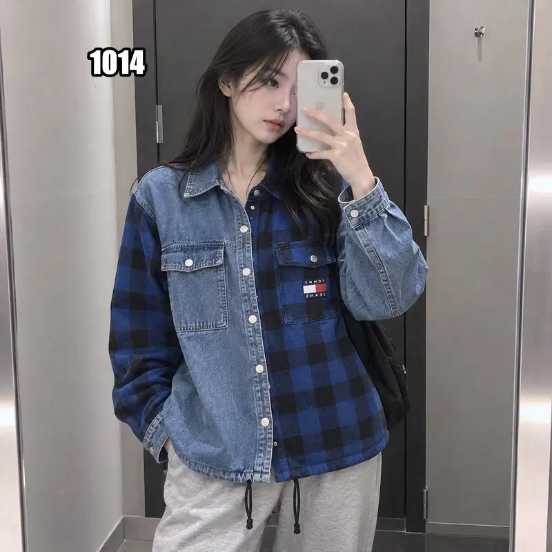 L 타미진스 블루 체크 데님 믹스컬러 자켓