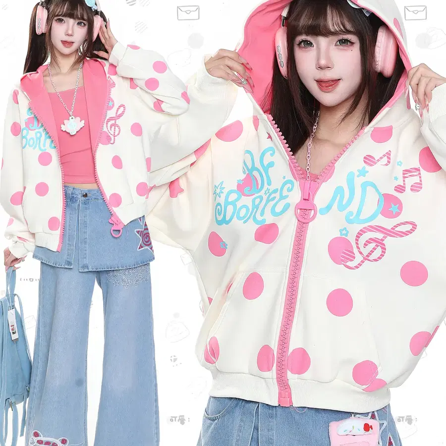 MJMT 서브컬쳐 키치 도트 음표 오버핏 후드집업