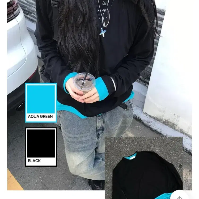블랙 아쿠아 그린 배색 긴팔 티셔츠 판매