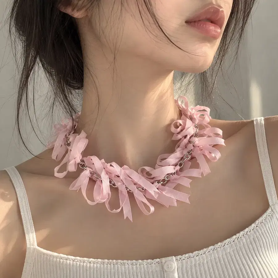 디헤게르 D'HEYGERE 핑크 리본 보우 목걸이 새상품 발레코어