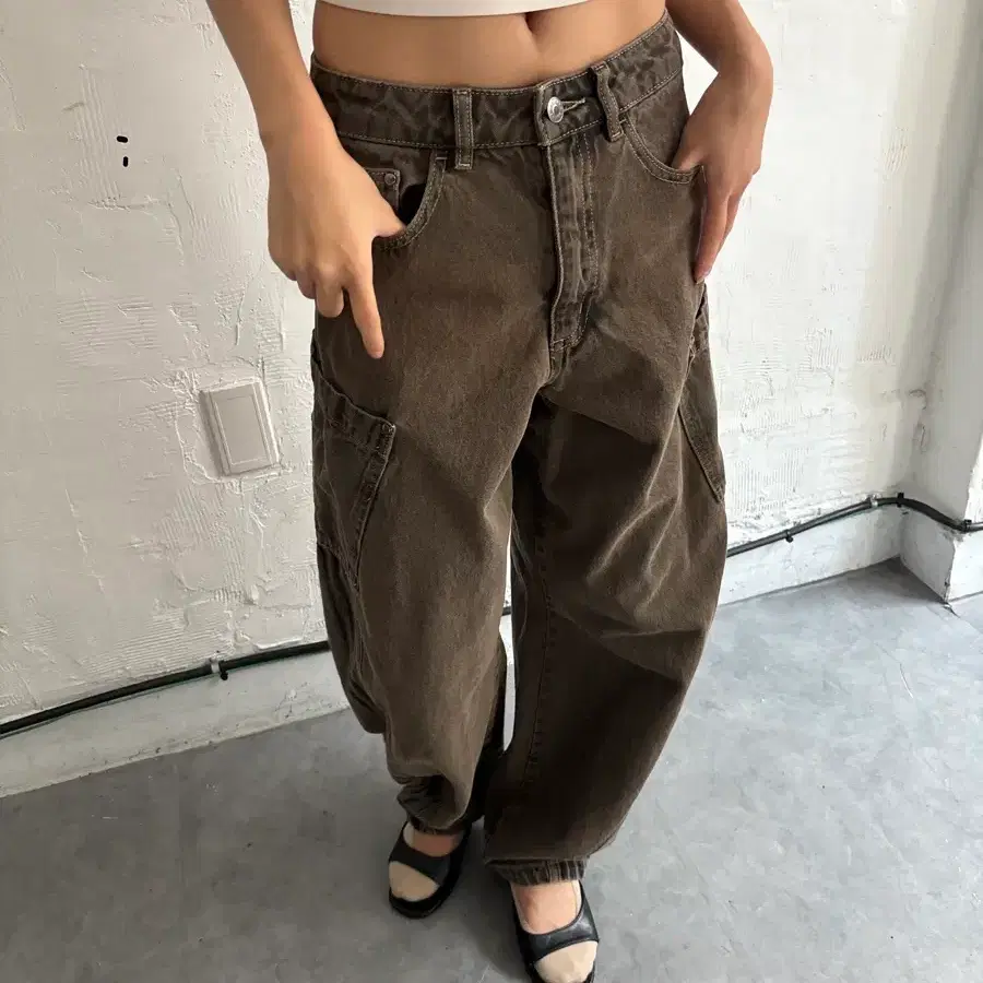 Adidas 아디다스 브라운 데님 카고 와이드 팬츠