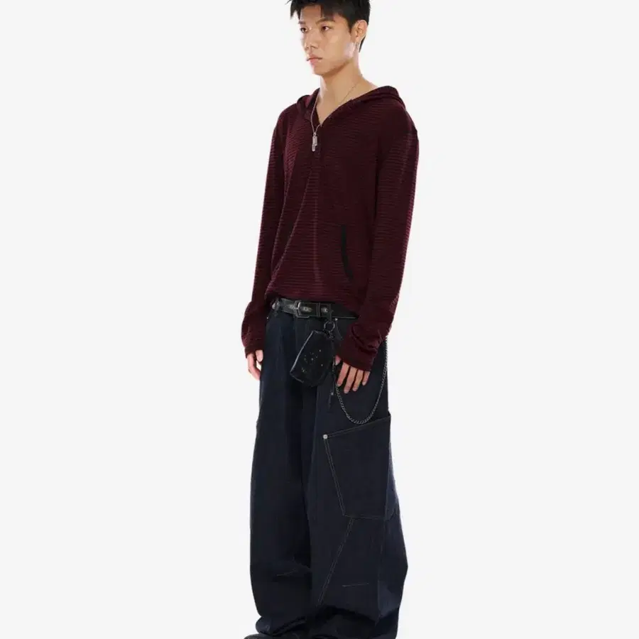 아캄 스트라이프 버튼 후드 버건디