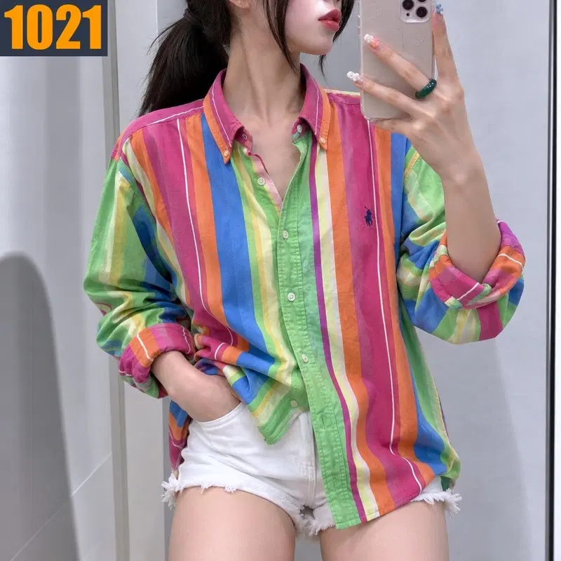 100 POLO 폴로 랄프로렌 멀티컬러 레인보우 스트라이프 포니 자수 버튼다운 긴팔 셔츠 L