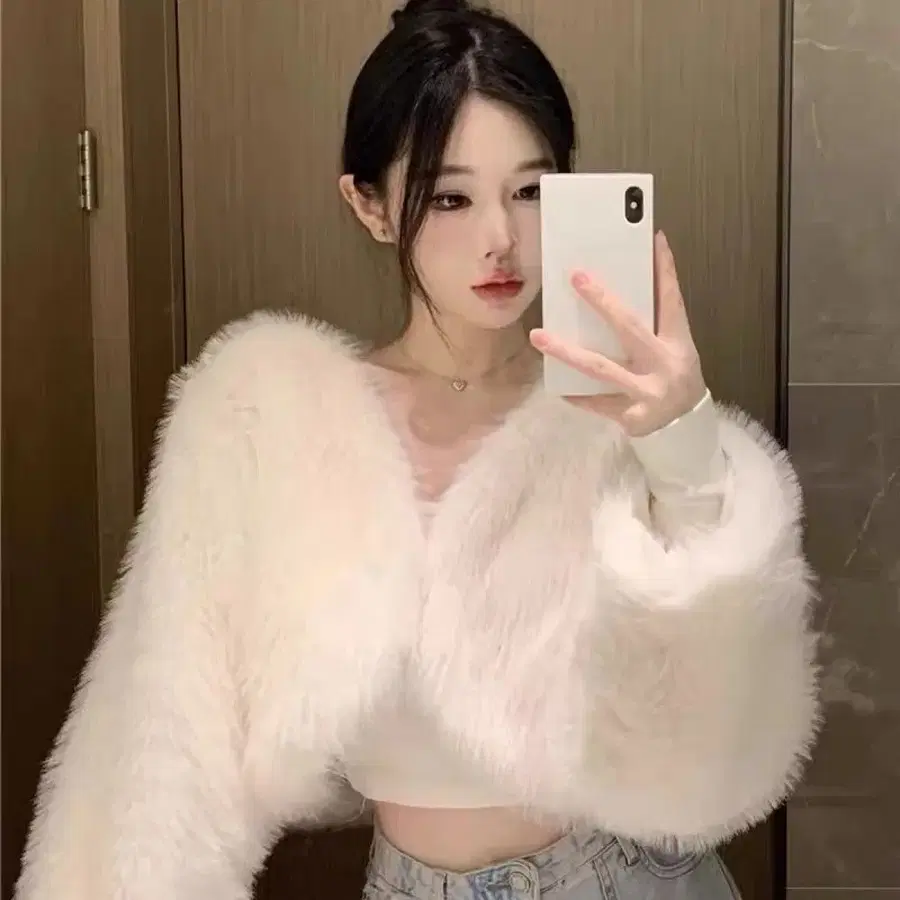 앙고라 노카라 밍크 숏 페이크 폭스 퍼자켓 가디건 화이트