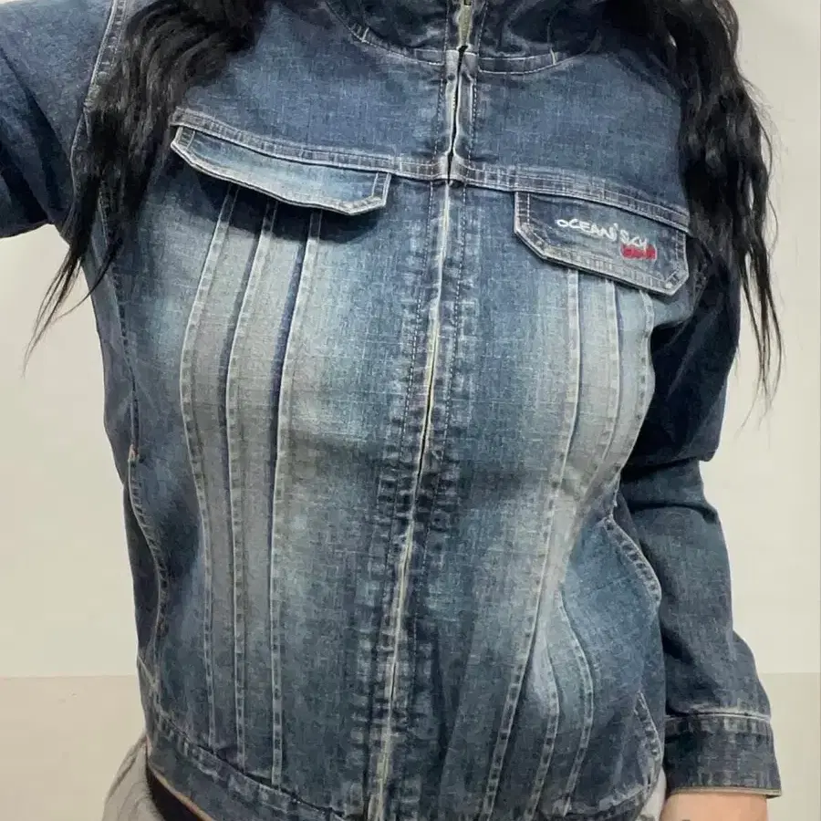 Vtg 핀턱라인 하이넥 후드 데님자켓