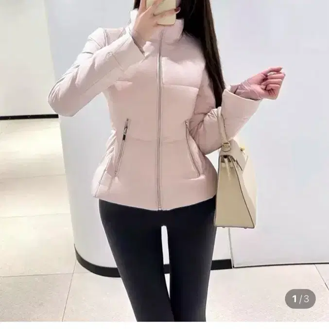 (택있는 새상품) 르스완 PPP 오리털 패딩 슬림핏 핑크 패딩 M