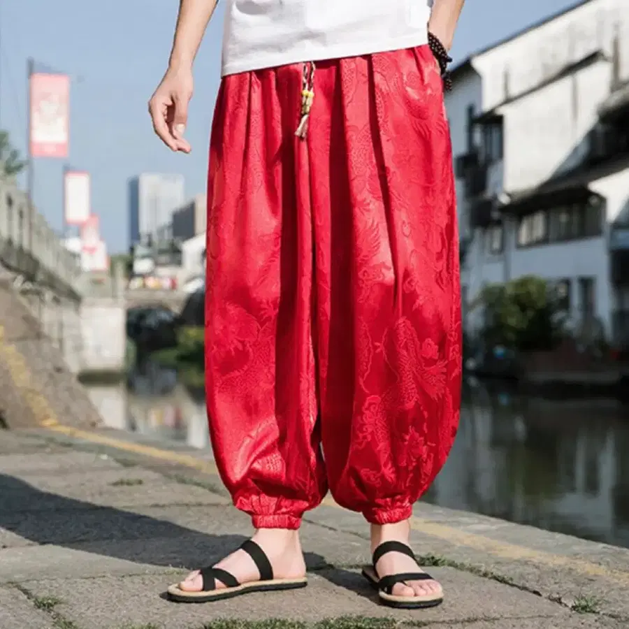 동양풍 용자수 실크 요가 알라딘 패셔 바지