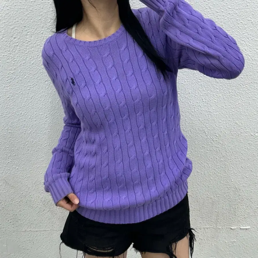 폴로 랄프로렌 네이비포니 퍼플 꽈배기 니트 M