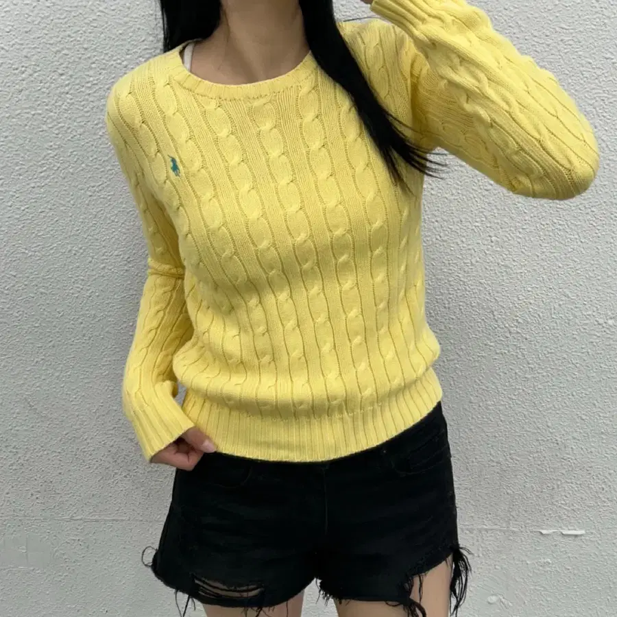 폴로 랄프로렌 그린포니 옐로우 꽈배기 니트 XS