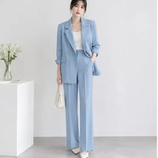 하늘색 더블 버튼 수트 세트 S