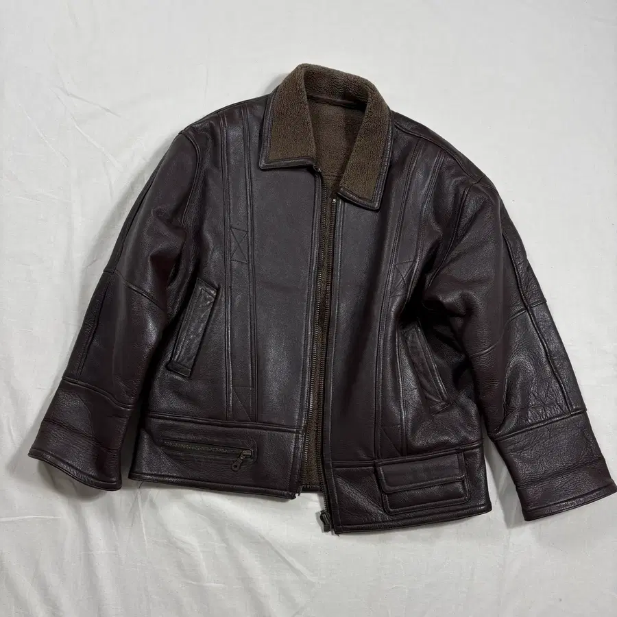 90-00s 다크브라운 멀티포켓 무스탕 소가죽 자켓 XL