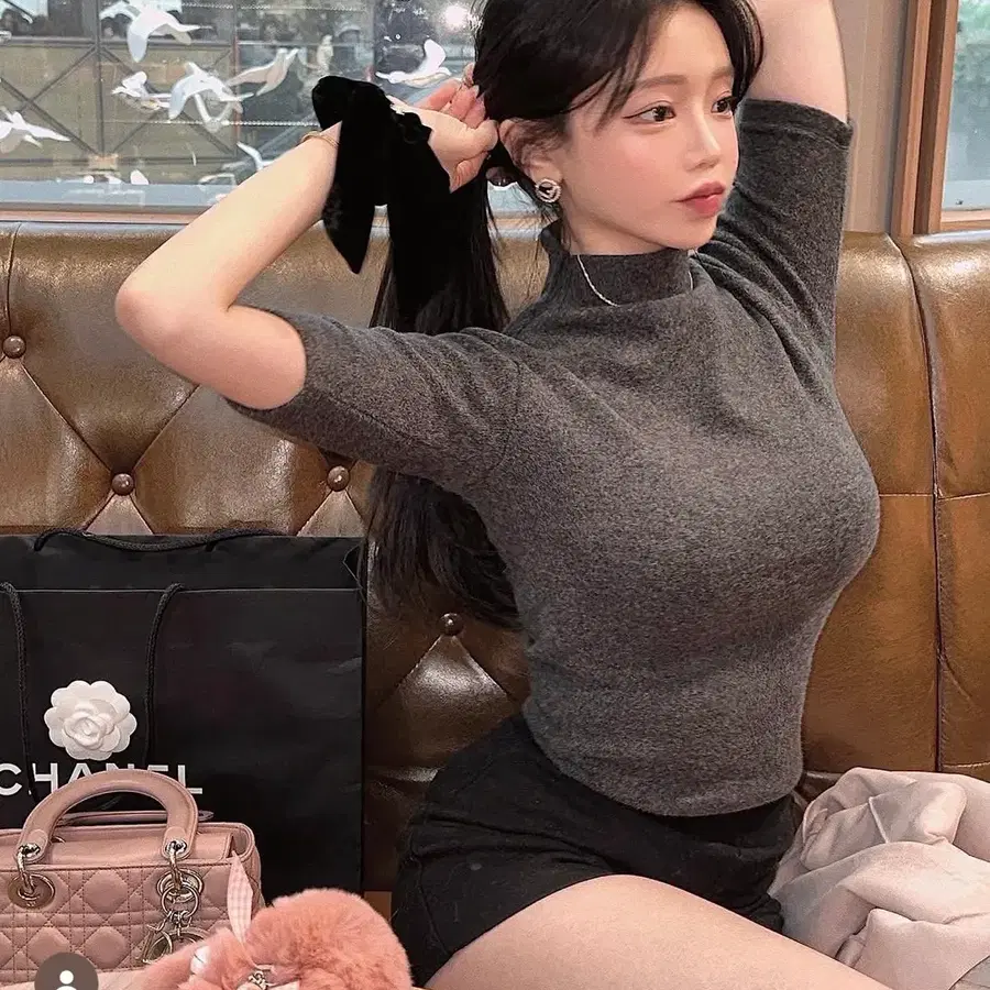 로젤린-슬림핏하프넥5부 보카그레이