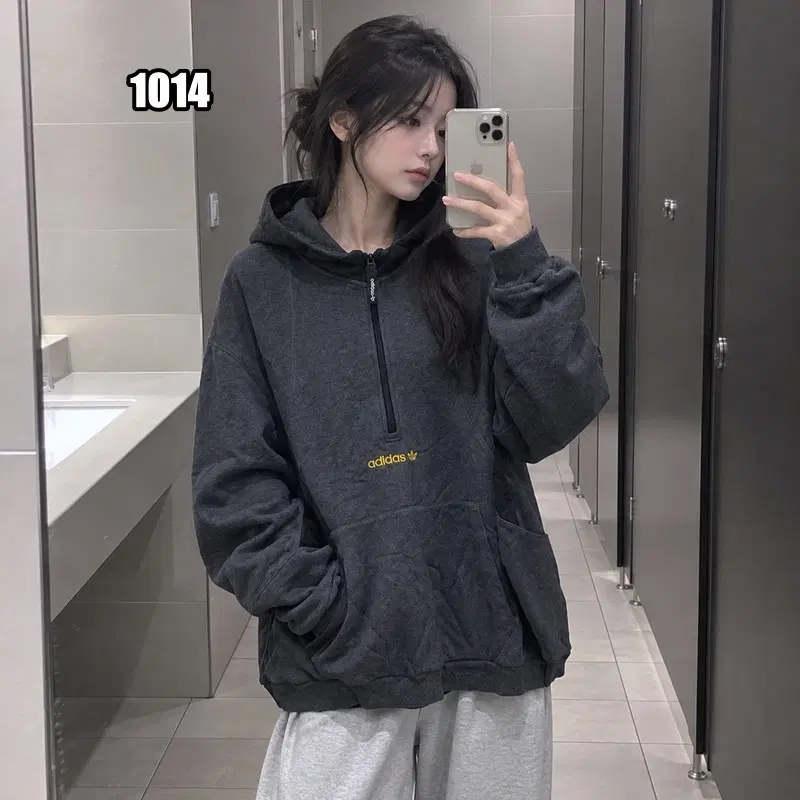 XL 아디다스 차콜 전면 스몰 로고 하프집업 긴 팔 후드