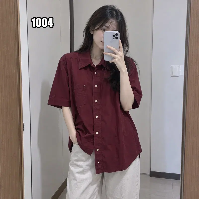 M 타미힐피거 버건디 반팔 버튼다운 셔츠