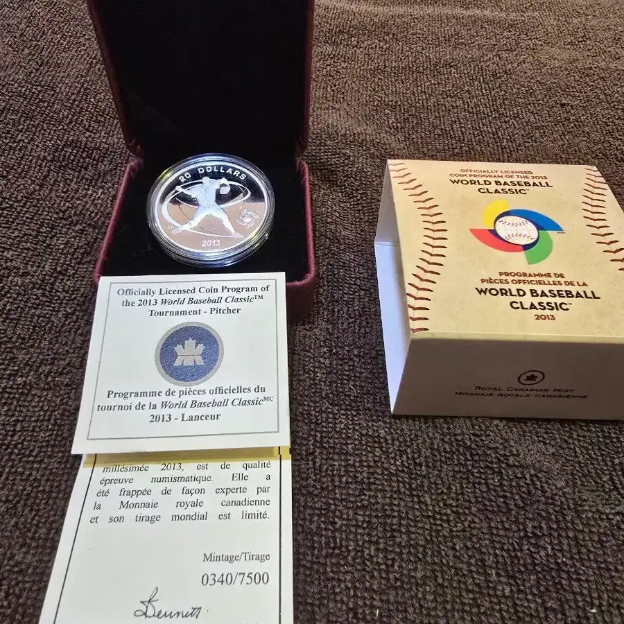 2013 캐나다 WBC 공식 기념 20달러 1온스 순은화 (투수 버전, 풀세트, 발행번호 0340)