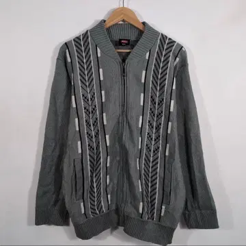 90s 빈티지 지퍼 니트 블루종 그레이 XXL 올 패턴 드라이버 구제 의류