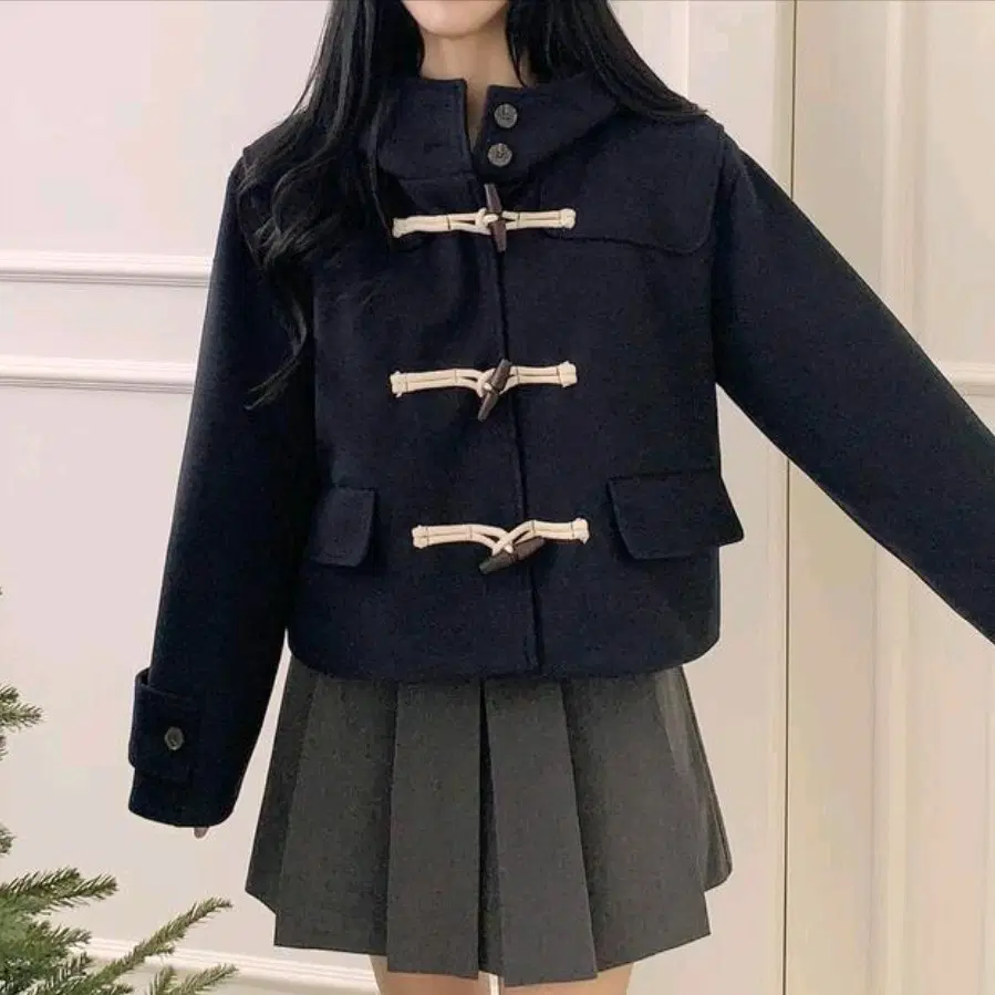 (F)모이레베 여성 후드 떡볶이 더플 숏 코트 네이비