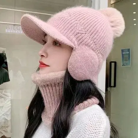 니트 귀달이 모자 핑크