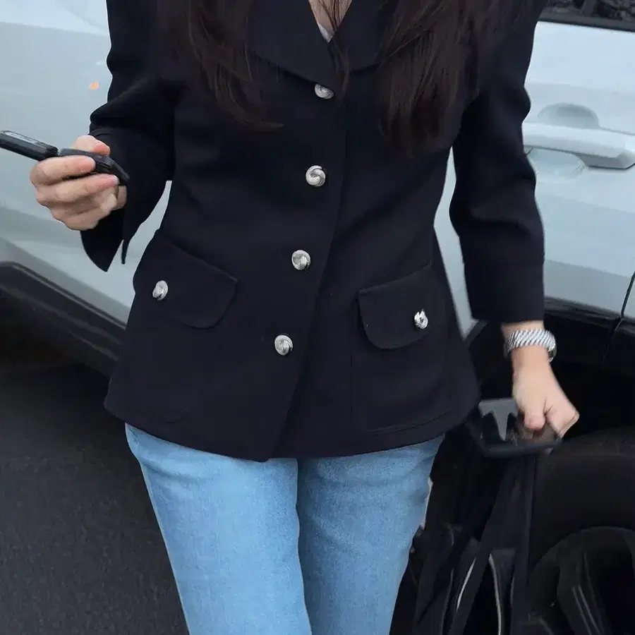 아상 버튼 자켓 진네이비
