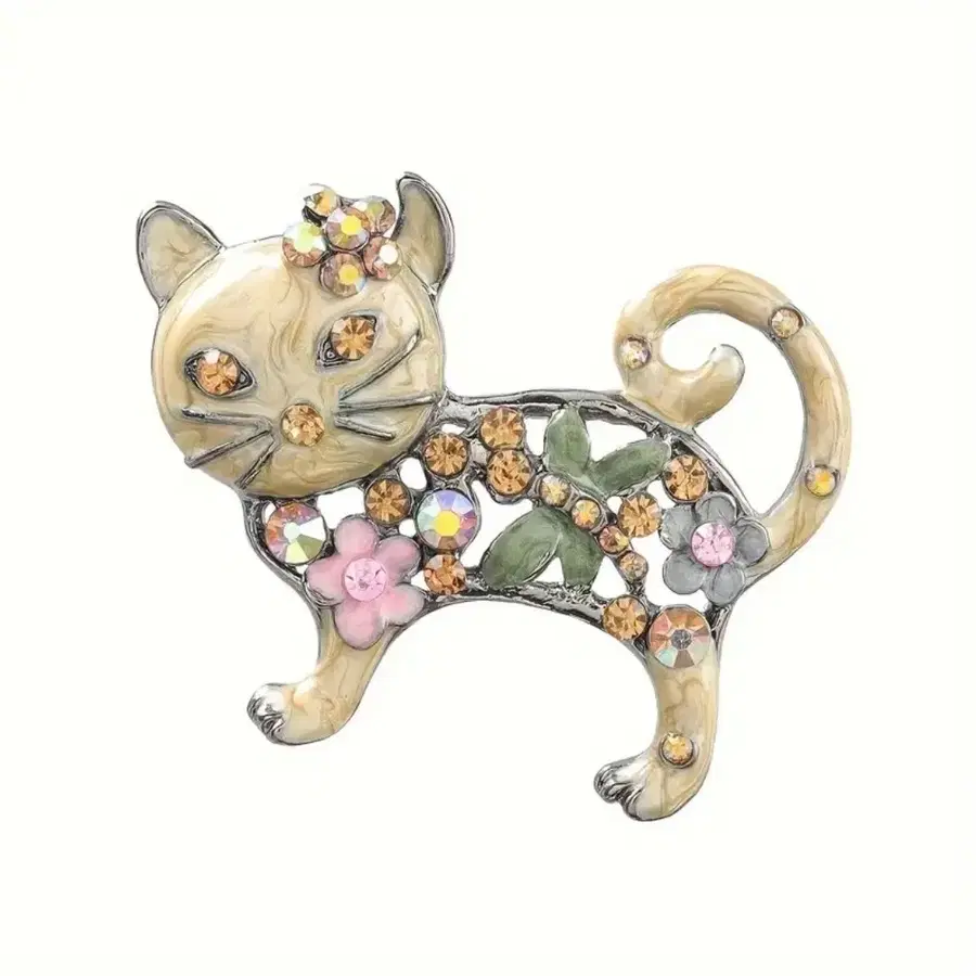 고양이 브로치 큐빅 플라워 장식