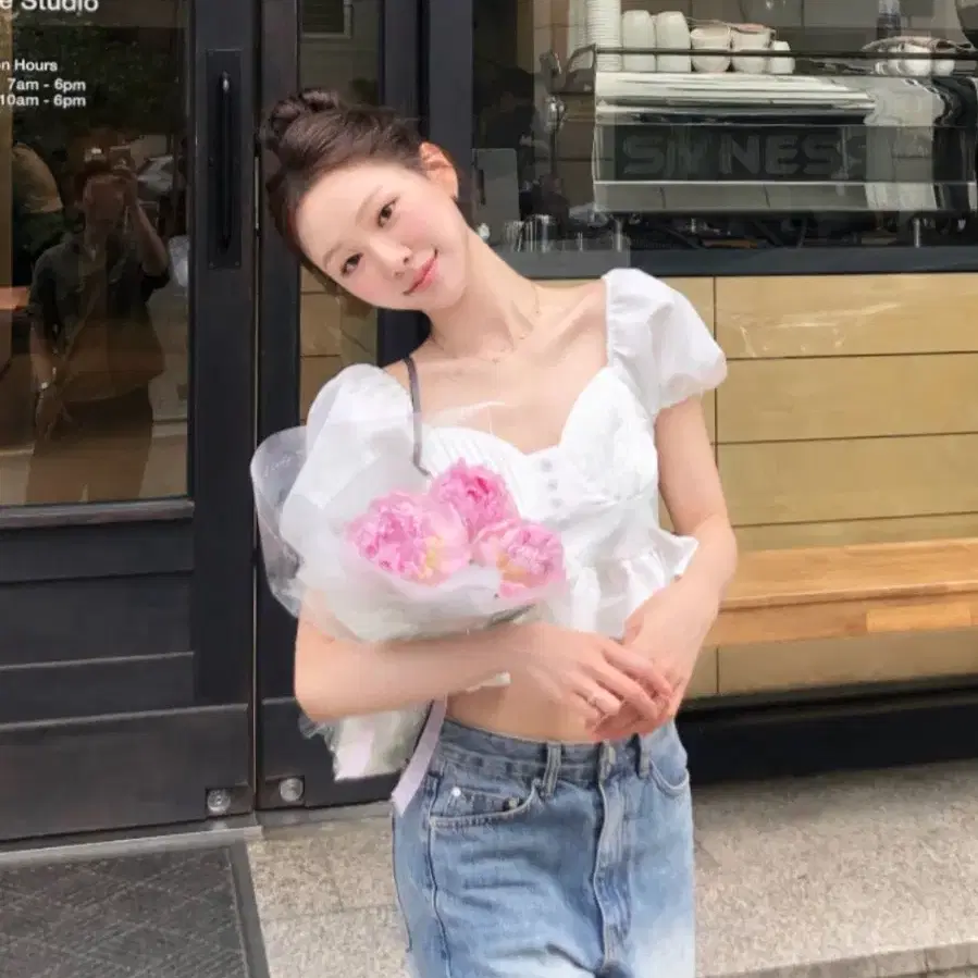 피브안 자가드 퍼프 블라우스