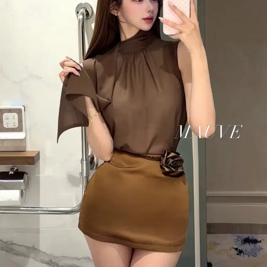 실사0 모브세트) 새상품 시스루 타이 블라우스+ 로즈메리 스커트 s