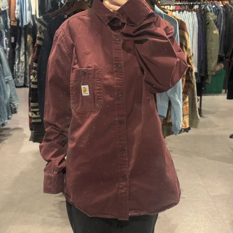 (302) Carhartt 칼하트 와인색 투포켓 코튼 워크셔츠