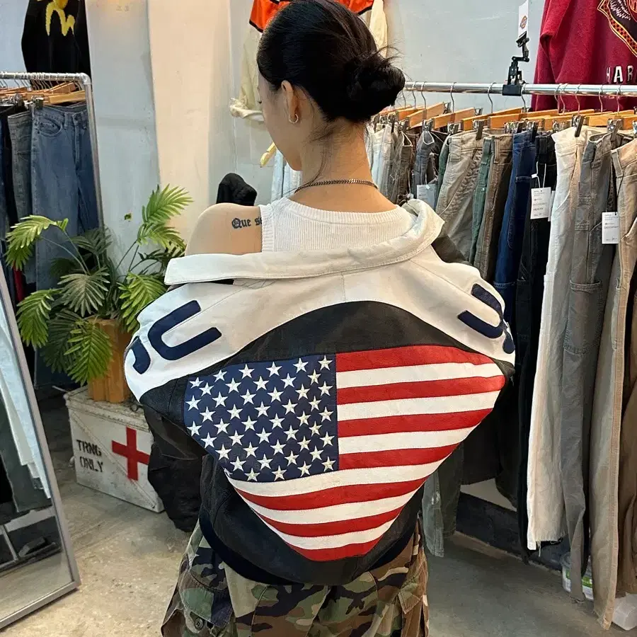 L, 90s 빈티지 USA 성조기 빅패치 올드스쿨 리얼레더 가죽 자켓