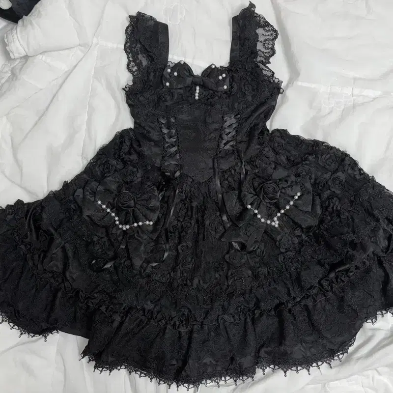 중브 로리타 고스로리 블랙 로즈 펄 레이스 드레스 점스카 jsk