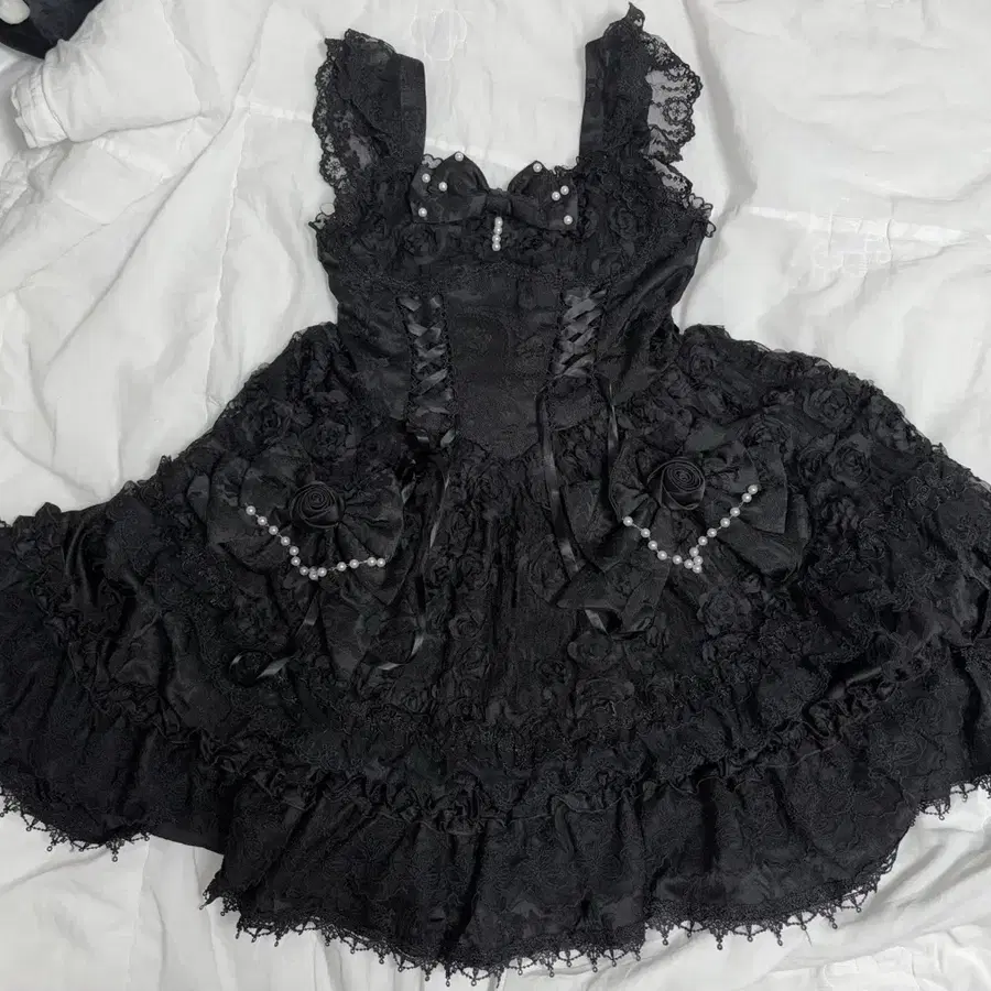 중브 로리타 고스로리 블랙 로즈 펄 레이스 드레스 점스카 jsk