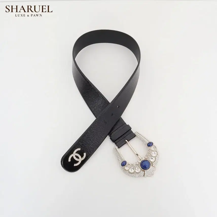 샤넬 라인스트라스 블루 스톤 장식 CC 로고 가죽 벨트 사진 6