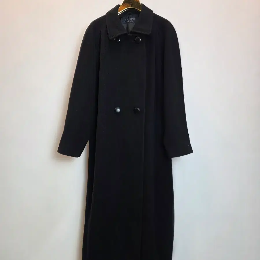 SANYO(산요) 울 90% 클래식 미니멀 블랙 더블브레스트 맥시 롱 코트
