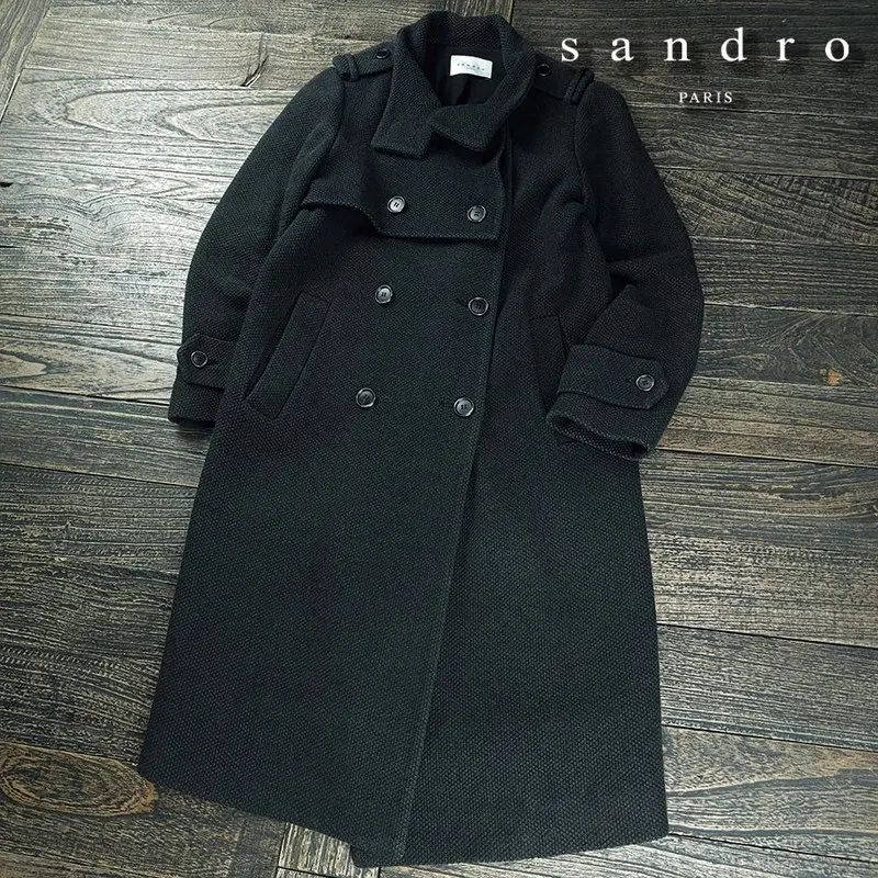 산드로 견장 더블 브레스티드 롱 코트 차콜 그레이 M23526