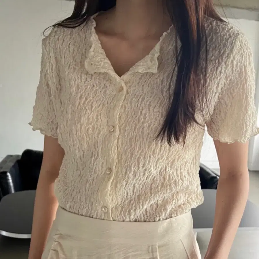 런던레이스 링클 반팔 카라 가디건 블라우스 셔츠