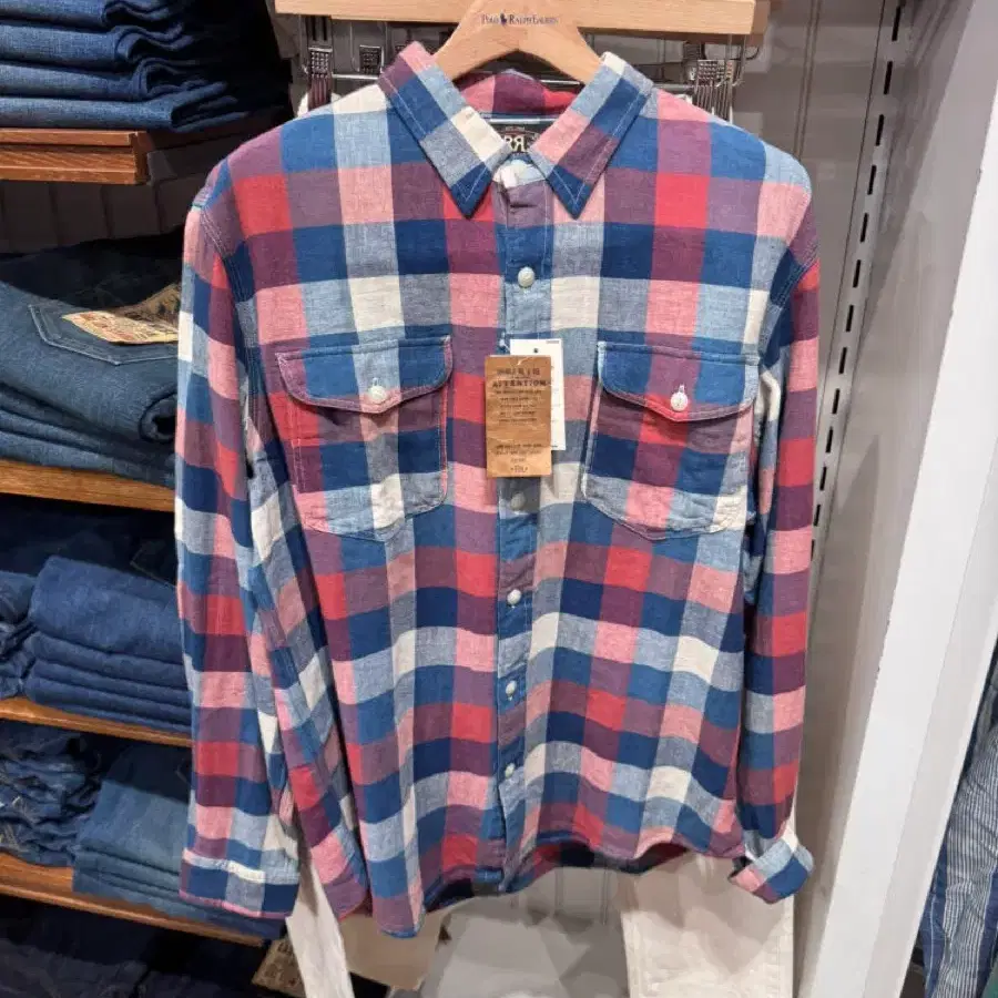 더블알엘 인디고 플레이드 남성 워크 셔츠 Large
