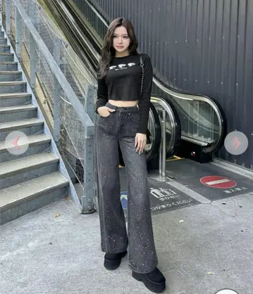 Rady 큐빅 와이드 데님 반짝이는 스톤 하이웨스트 데님 새상품