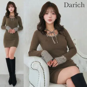 Darich 다리치 체크 리본 니트 미니 원피스 브라운