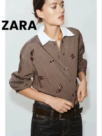 ZARA 스팽글 스트라이프 셔츠 브라운 라펠 칼라 셔츠 XS