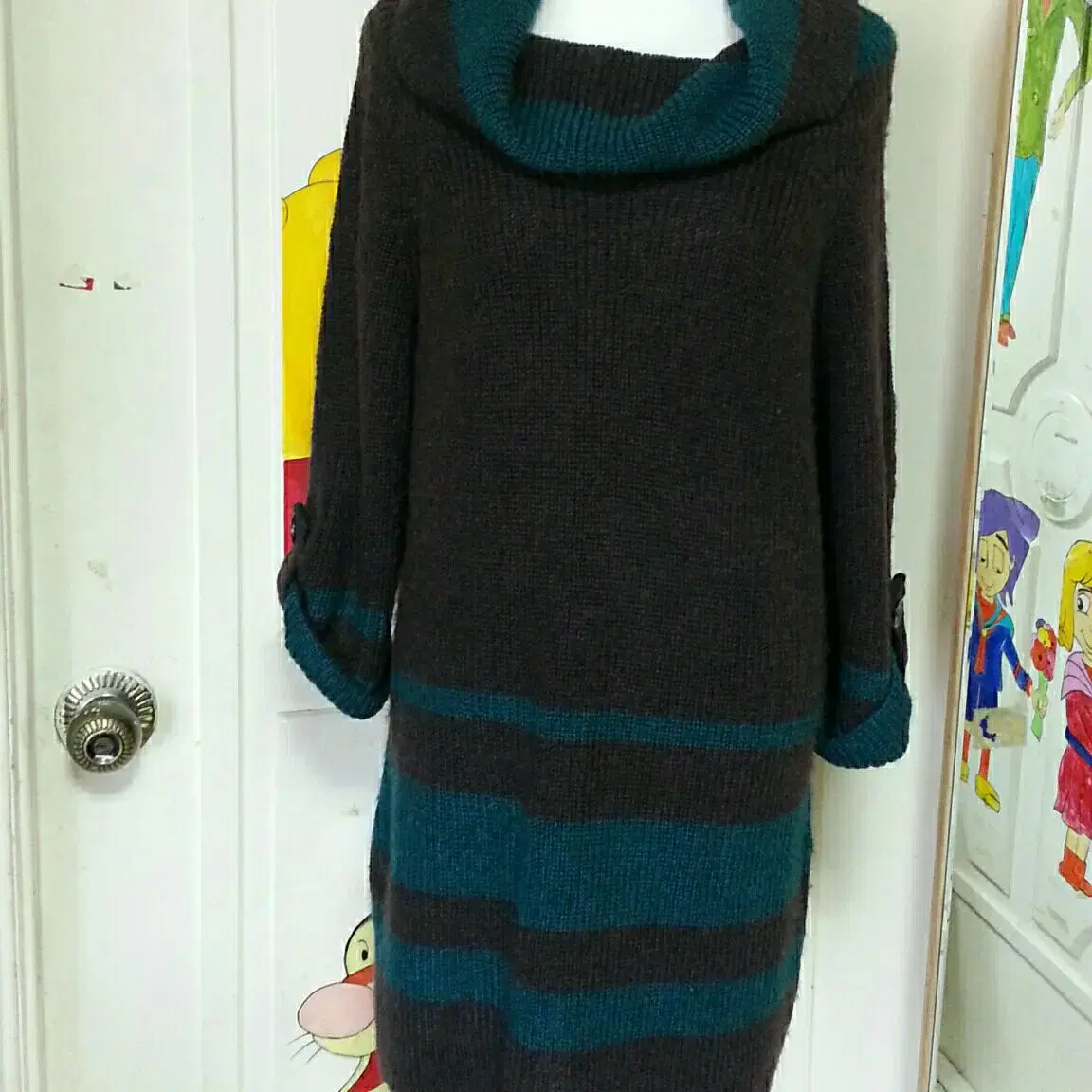 [M] LeShop Turtleneck 7Busy shoulder green color combination brown long sleeve knit *PRICE DOWN